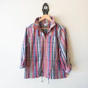 Christopher & Banks Plaid Zip Jacket | Size L Cotton Blend Drawstring Coat